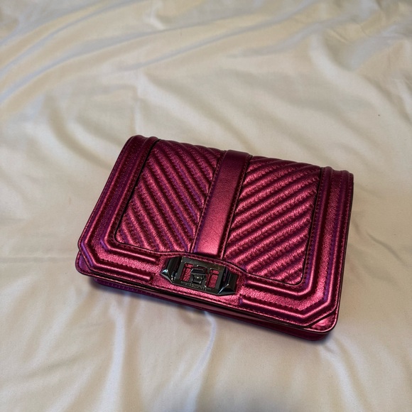 Rebecca Minkoff Metallic Hot Pink Chevron Quilted Small Love Crossbody Purse - Picture 3 of 6